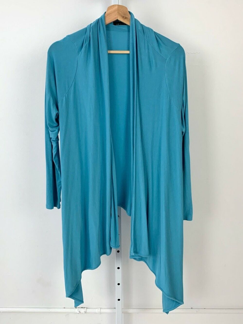 J. JILL Petite L PL Wearever Draped Open Cardigan Jersey Knit Long Sleeve Blue